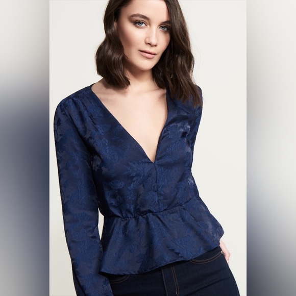 Dynamite Tops - DYNAMITE NAVY FLORAL V-NECK PEPLUM TOP BLOUSE